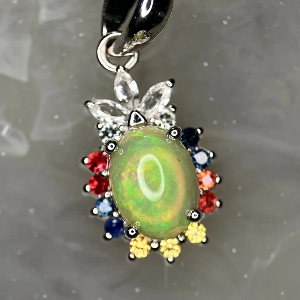 Natural Fire Opal Multi Sapphire Pendant 925 Stainless Steel - BRAND NEW